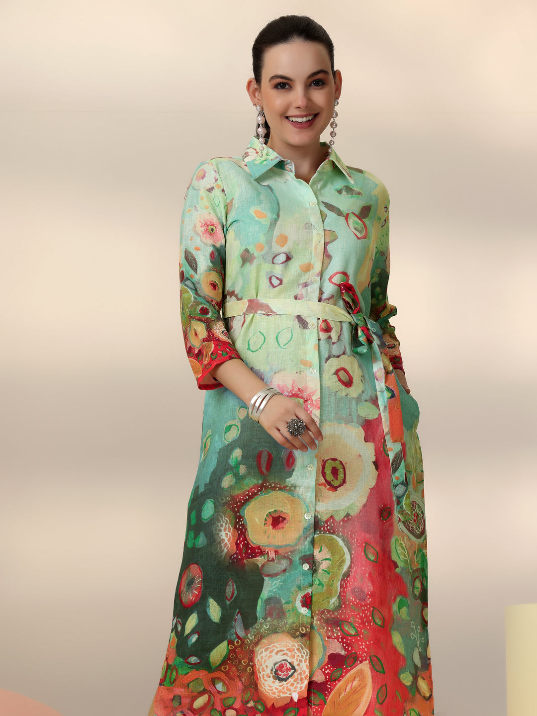 Sea Green Printed Cotton Blend Shirt Dress With Belt