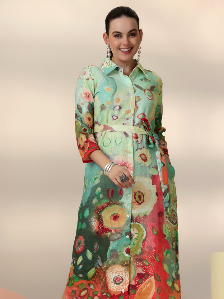 Sea Green Printed Cotton Blend Shirt Dress With Belt