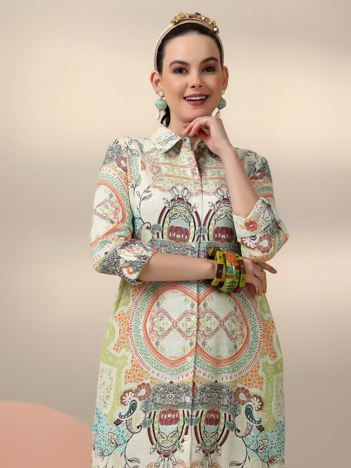 Off White Printed Cotton Blend A-Line Dress