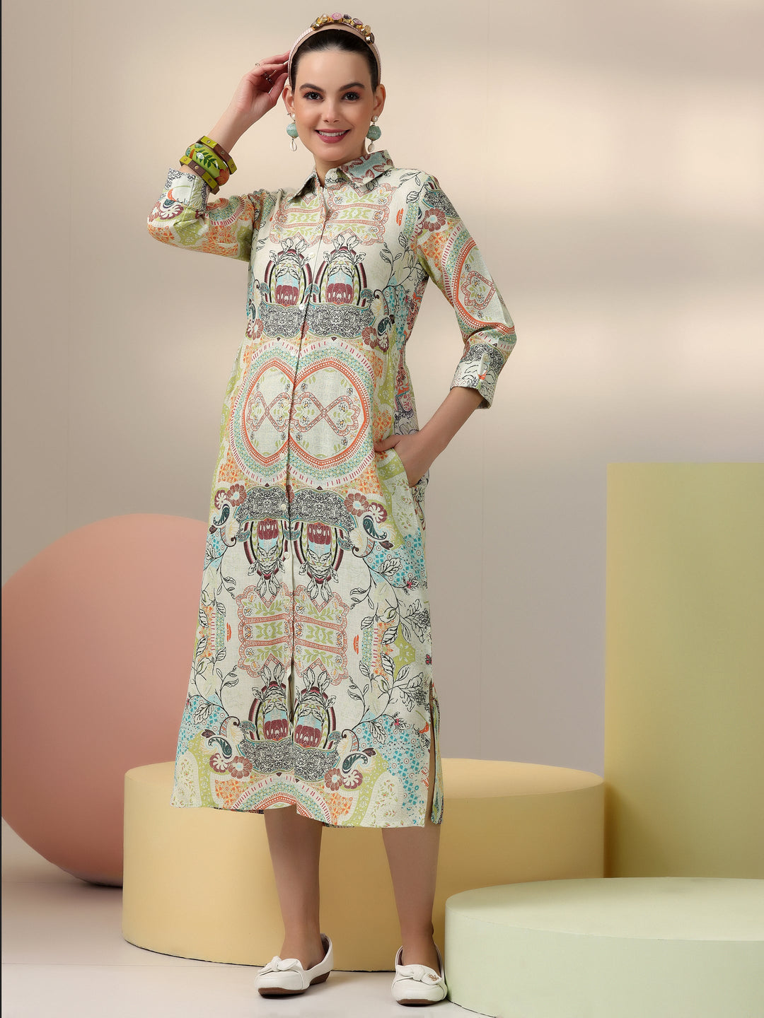 Off White Printed Cotton Blend A-Line Dress