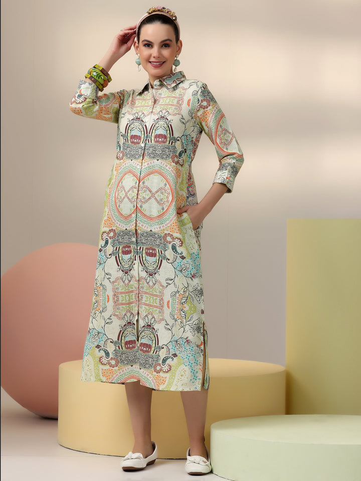 Off White Printed Cotton Blend A-Line Dress