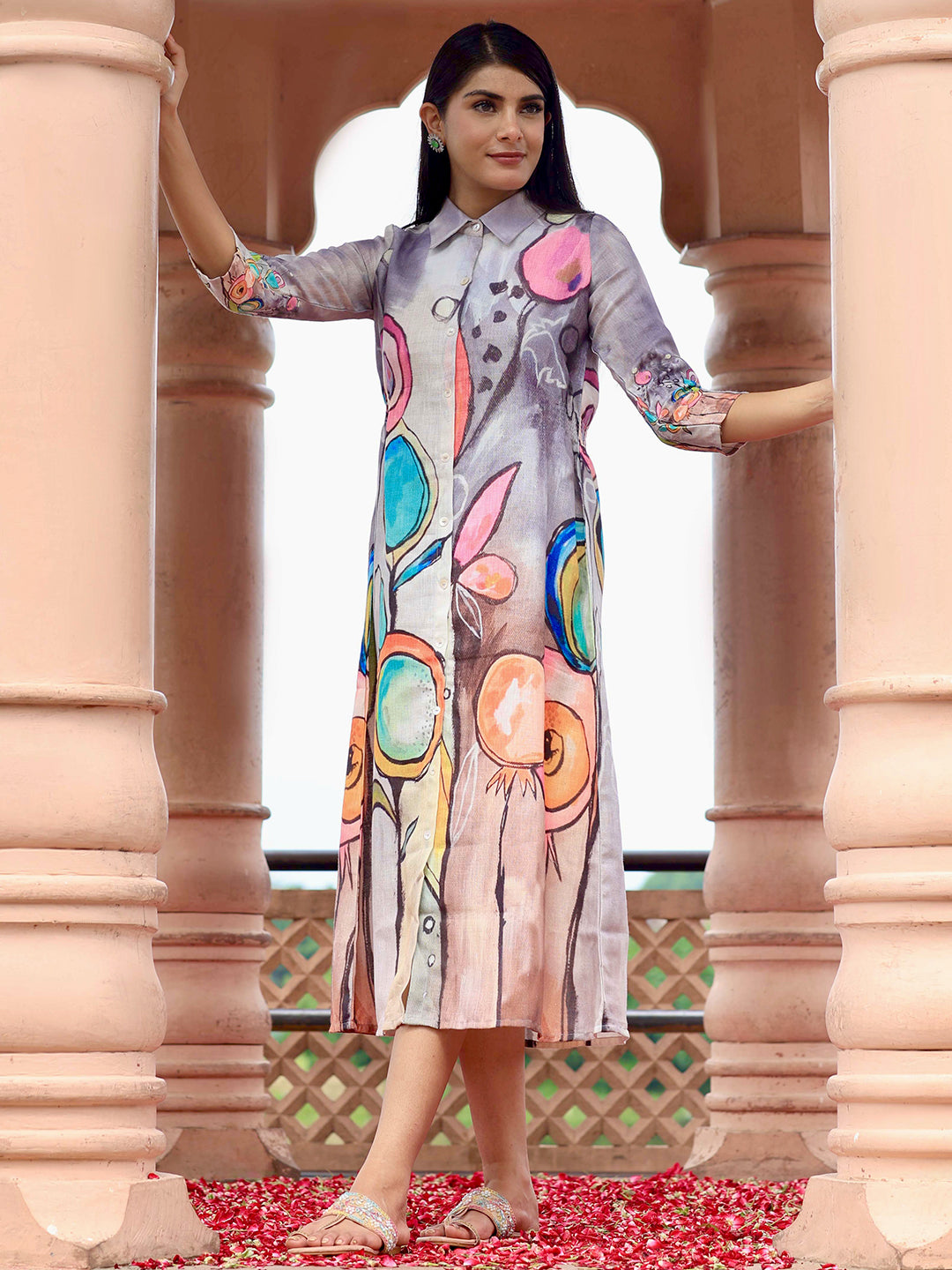 Grey Printed Cotton Blend Shirt Dress