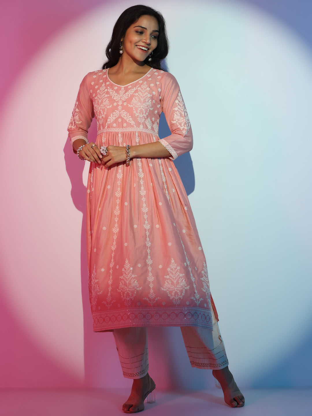 Peach Embroidered Cotton A-Line Kurta