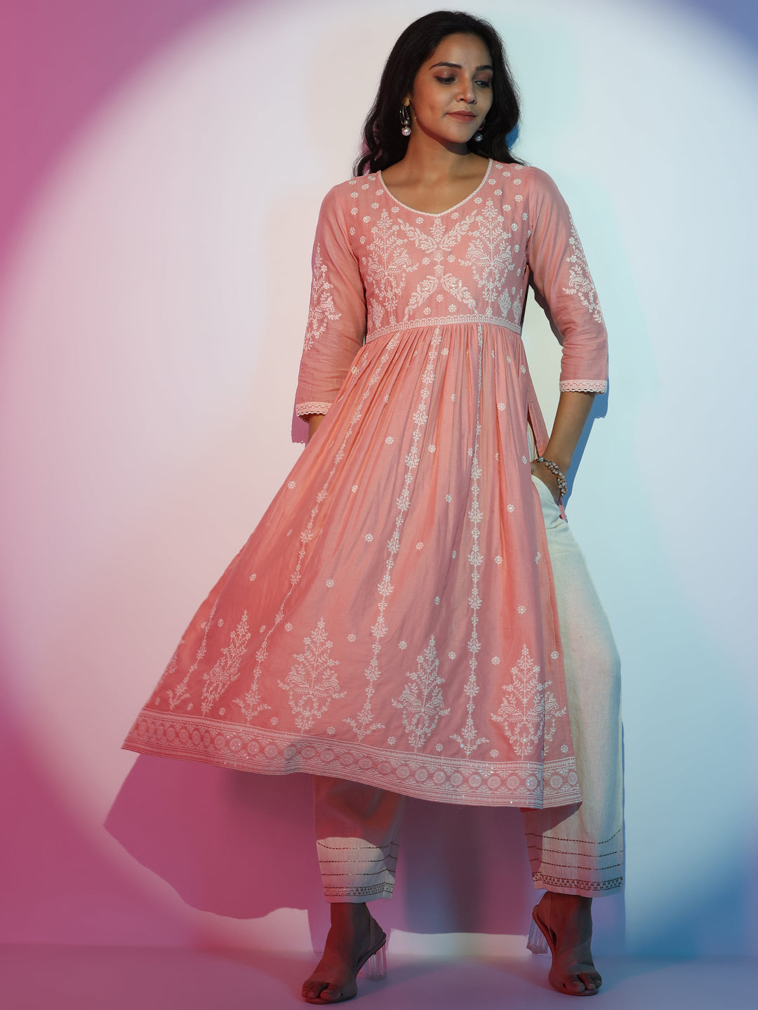 Peach Embroidered Cotton A-Line Kurta