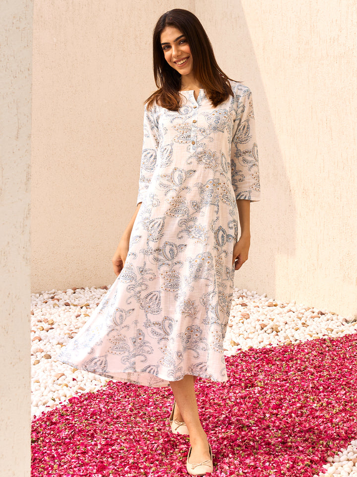 White Printed Cotton A-Line Dress