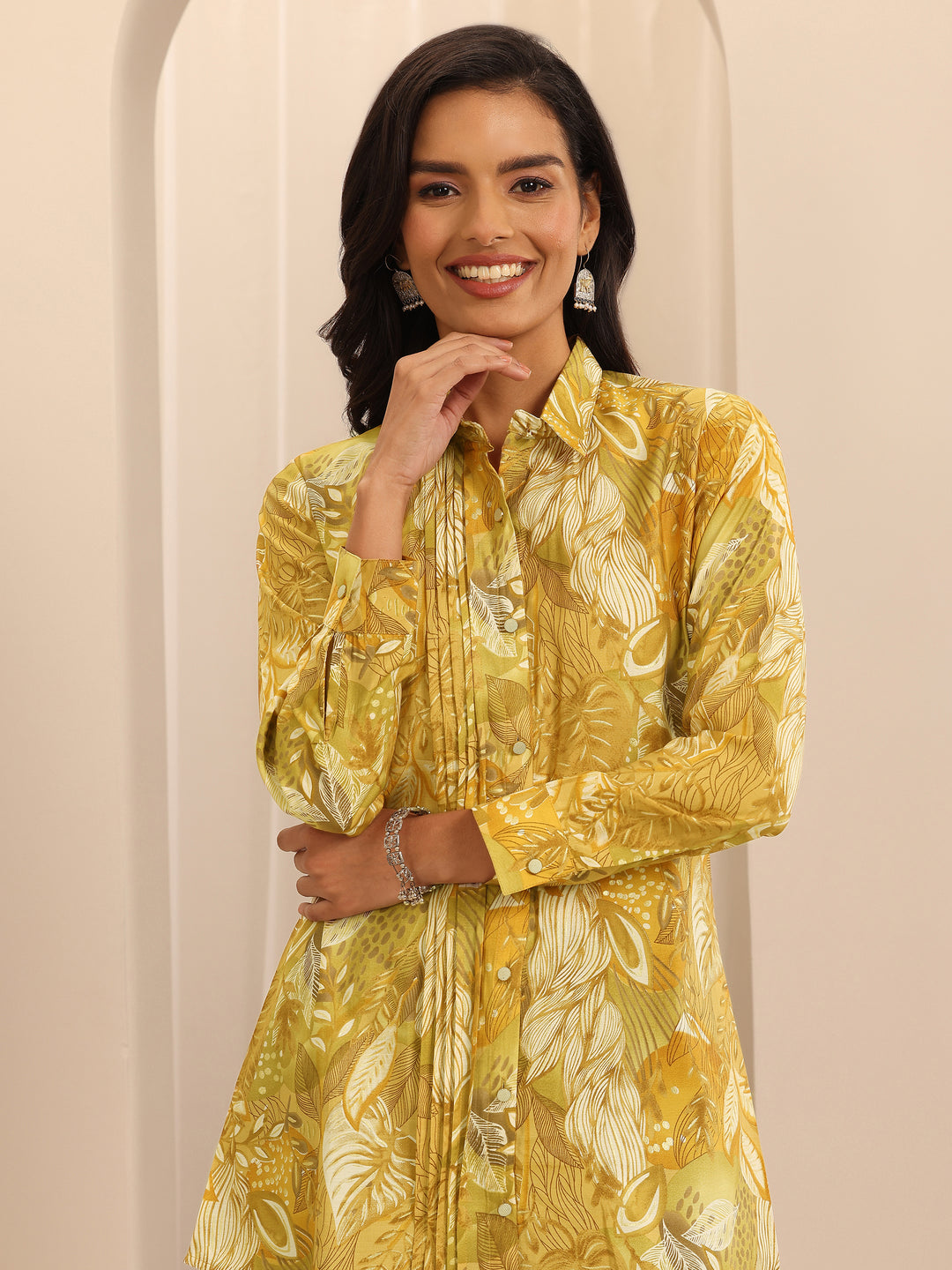 Mustard Printed Silk Blend Straight Kurti