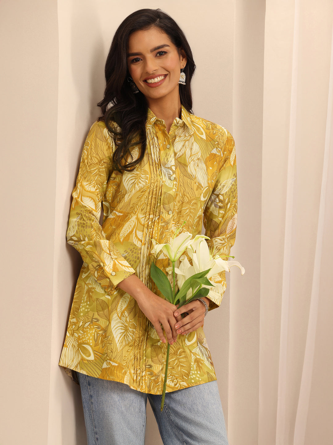 Mustard Printed Silk Blend Straight Kurti