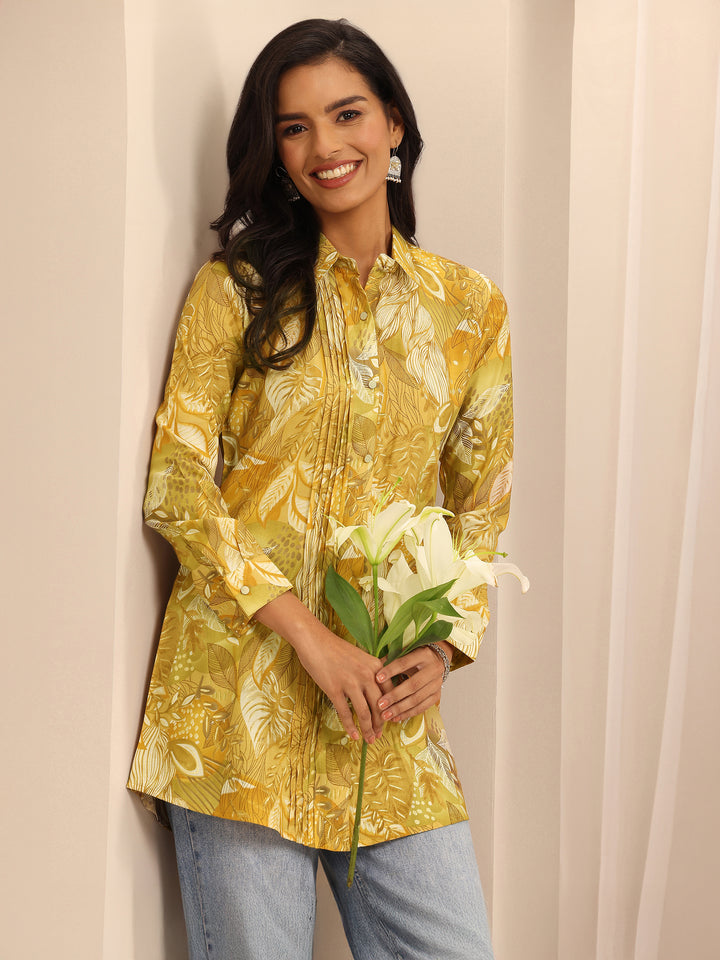 Mustard Printed Silk Blend Straight Kurti