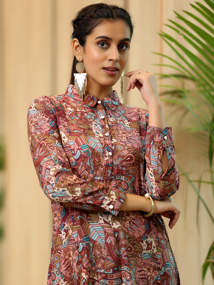 Mauve Printed Silk Blend Straight Kurti