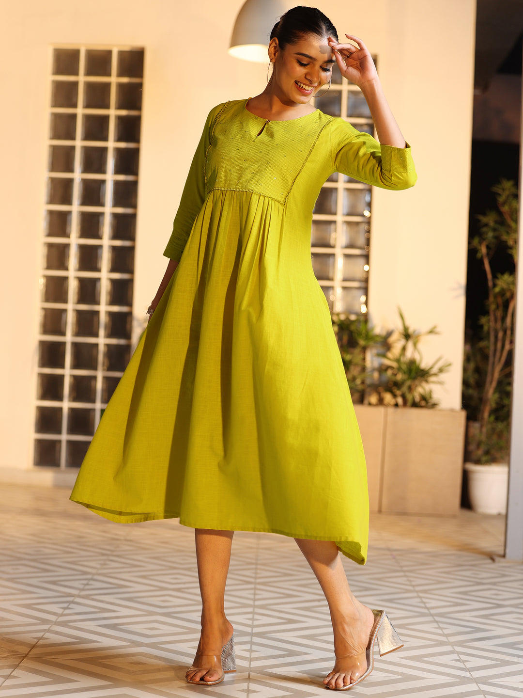 Mustard Embellished Cotton A-Line Dress