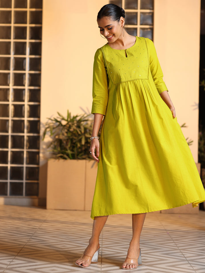 Mustard Embellished Cotton A-Line Dress