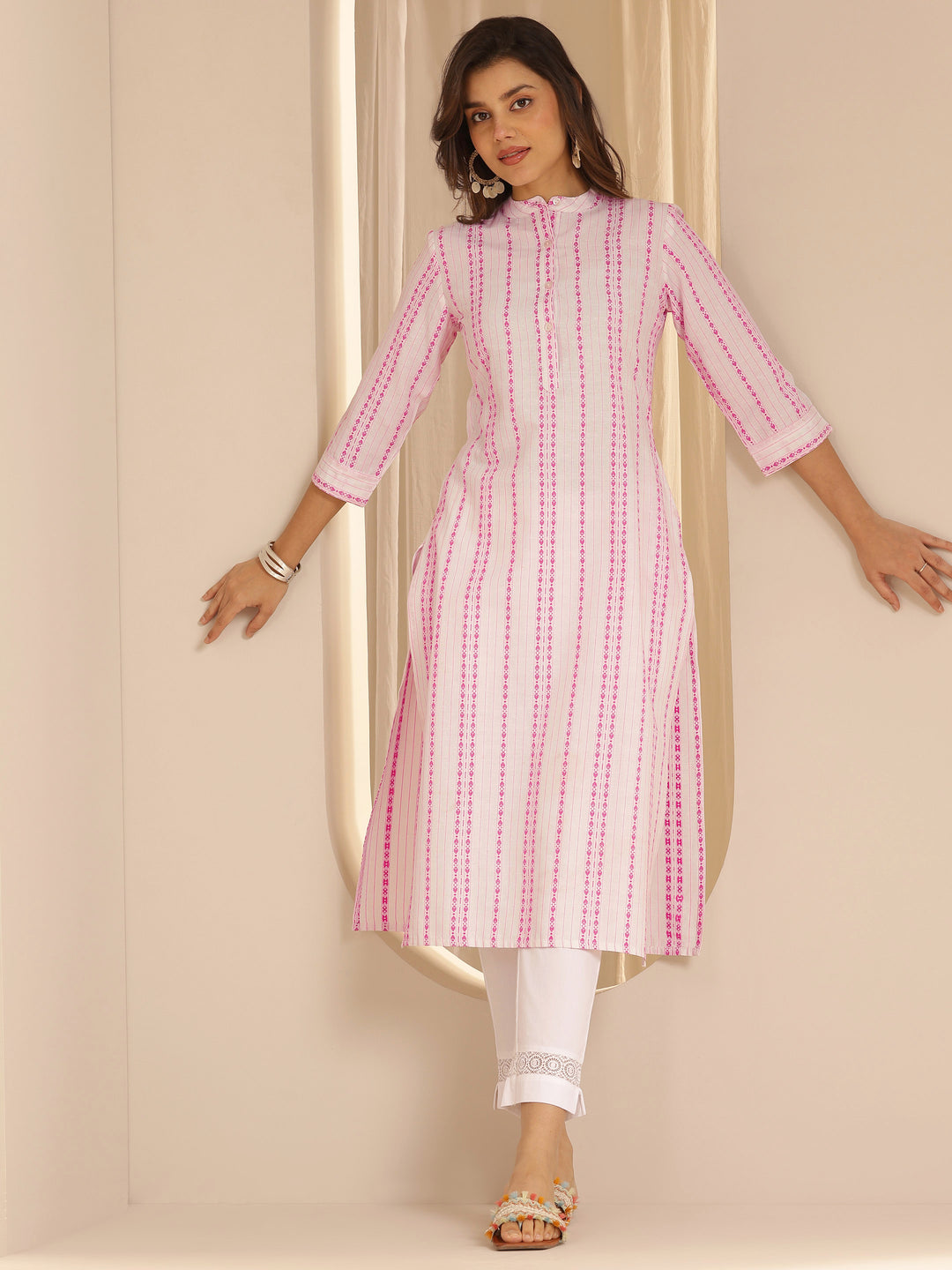 White Woven Design Cotton Straight Kurta