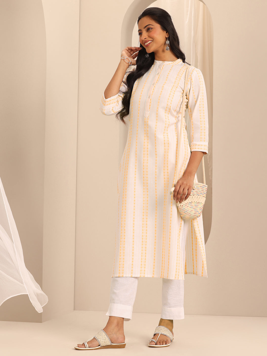 White Woven Design Cotton Straight Kurta