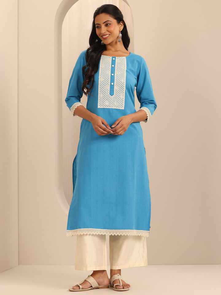 Blue Yoke Design Cotton Straight Kurta