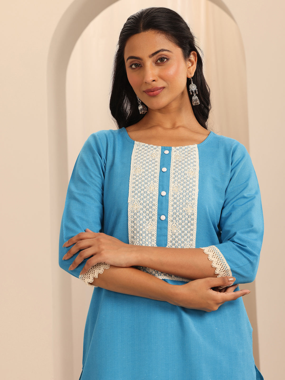 Blue Yoke Design Cotton Straight Kurta