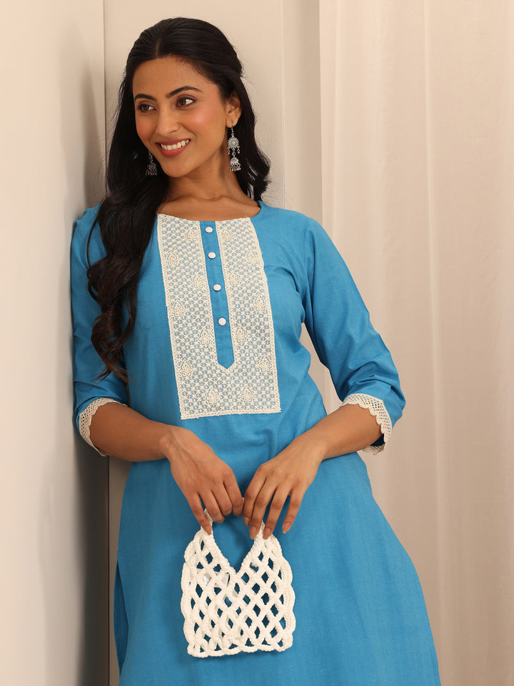 Blue Yoke Design Cotton Straight Kurta
