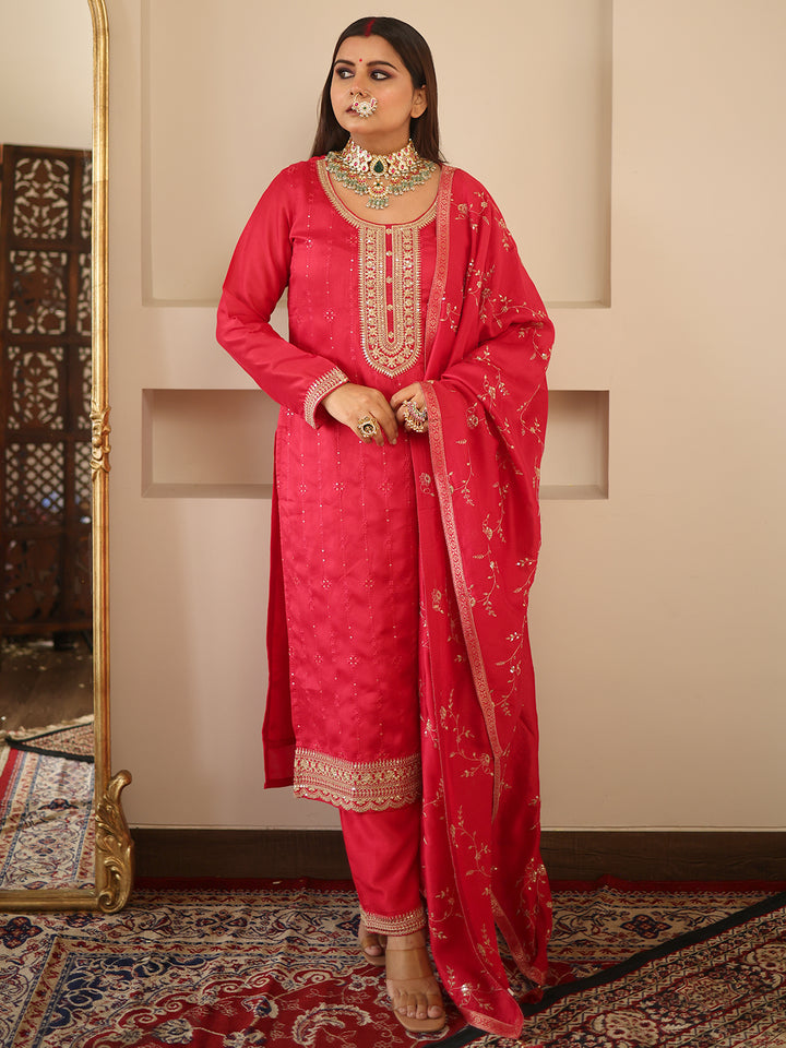 Pink Embroidered Silk Blend Suit Set With Trousers