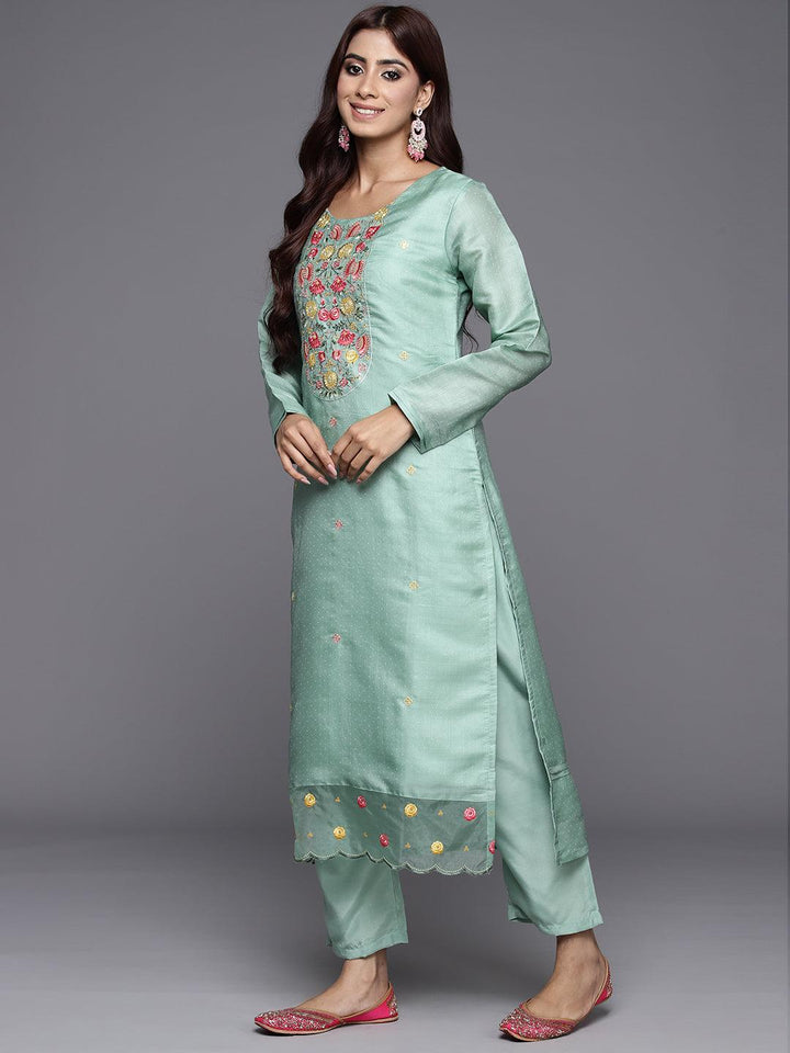 Green Yoke Design Silk Blend Straight Kurta With Trousers & Dupatta