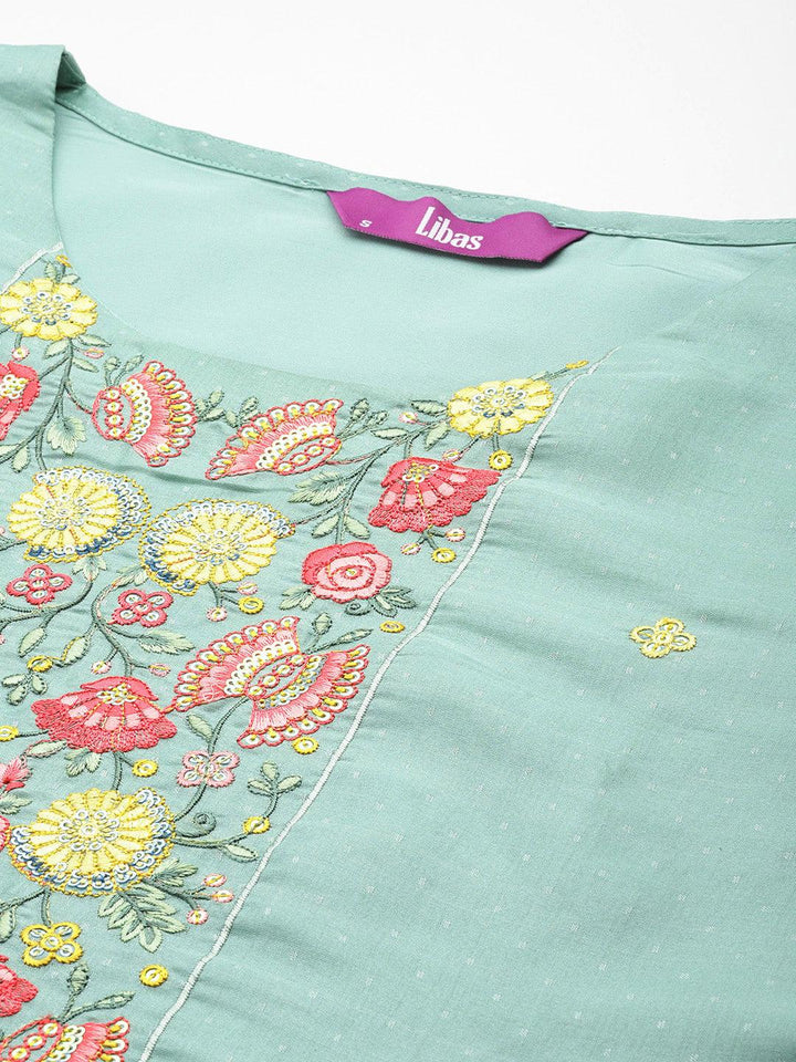 Green Yoke Design Silk Blend Straight Kurta With Trousers & Dupatta