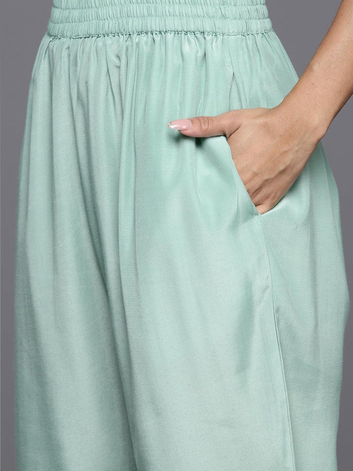 Green Yoke Design Silk Blend Straight Kurta With Trousers & Dupatta