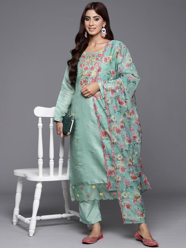 Green Yoke Design Silk Blend Straight Kurta With Trousers & Dupatta
