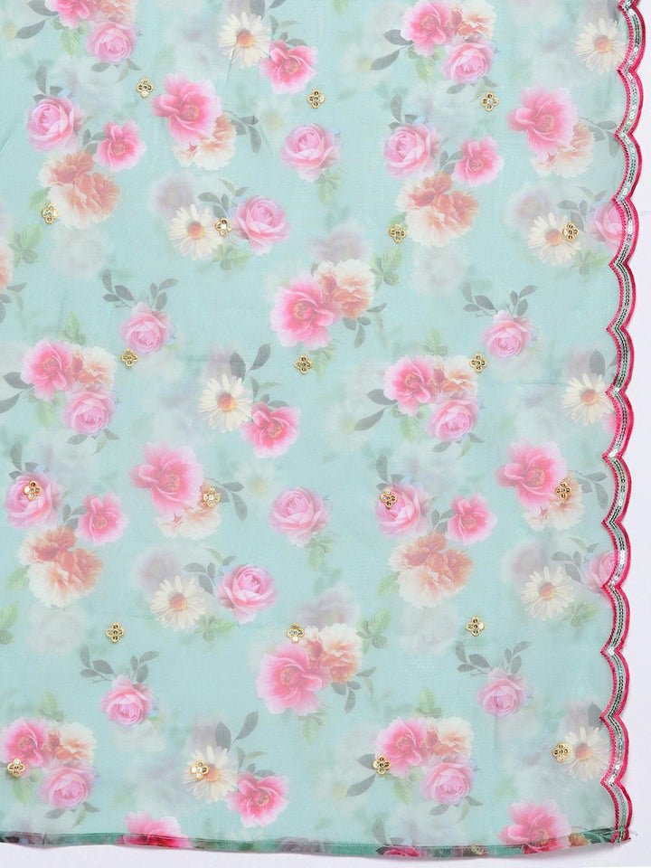 Green Yoke Design Silk Blend Straight Kurta With Trousers & Dupatta