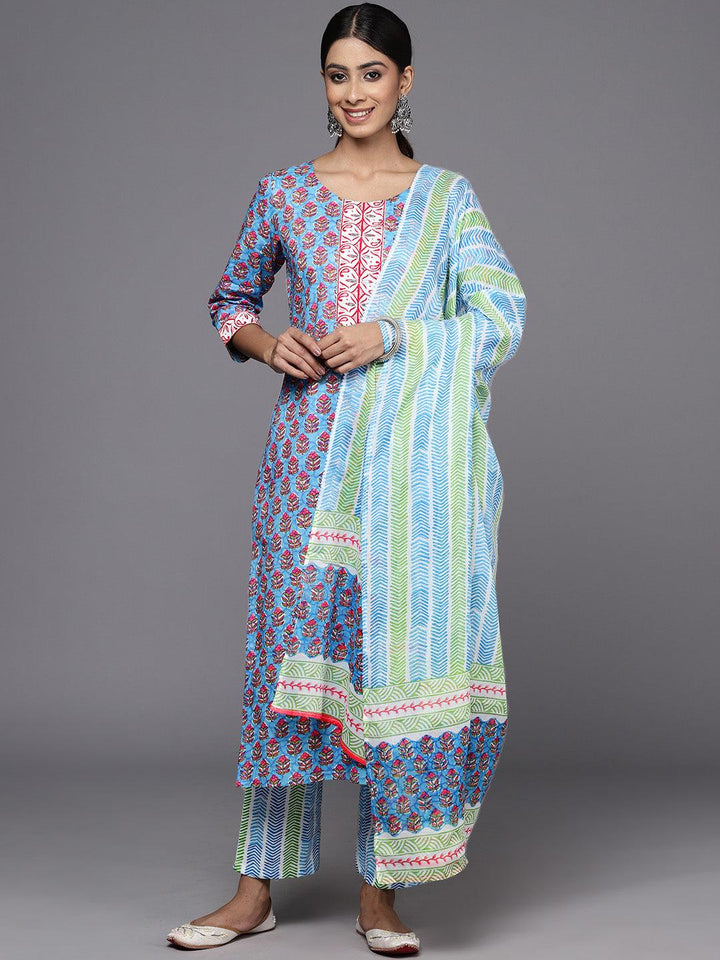 Blue Printed Cotton Straight Kurta With Trousers & Dupatta