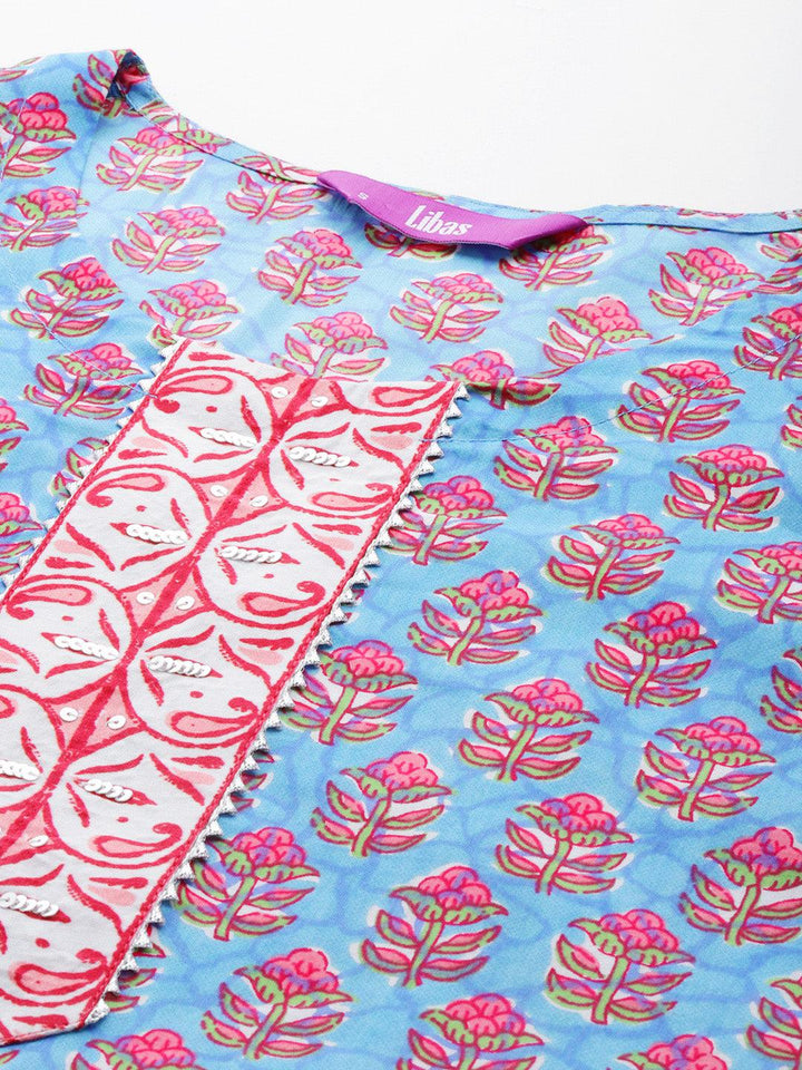 Blue Printed Cotton Straight Kurta With Trousers & Dupatta