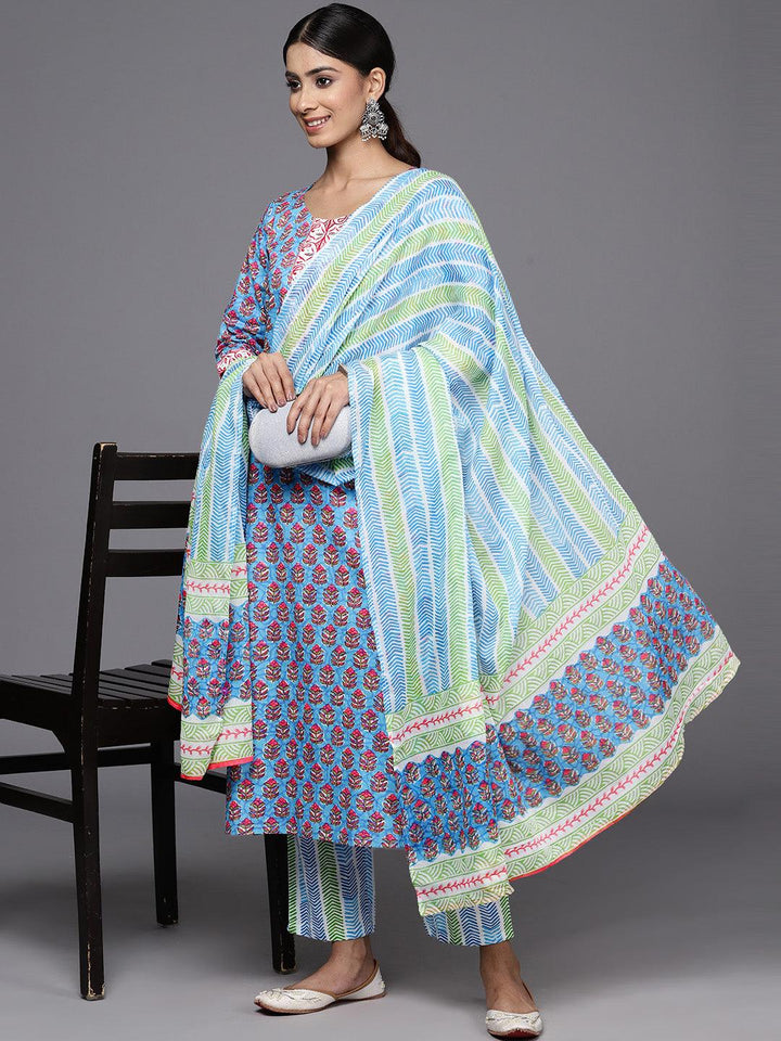 Blue Printed Cotton Straight Kurta With Trousers & Dupatta