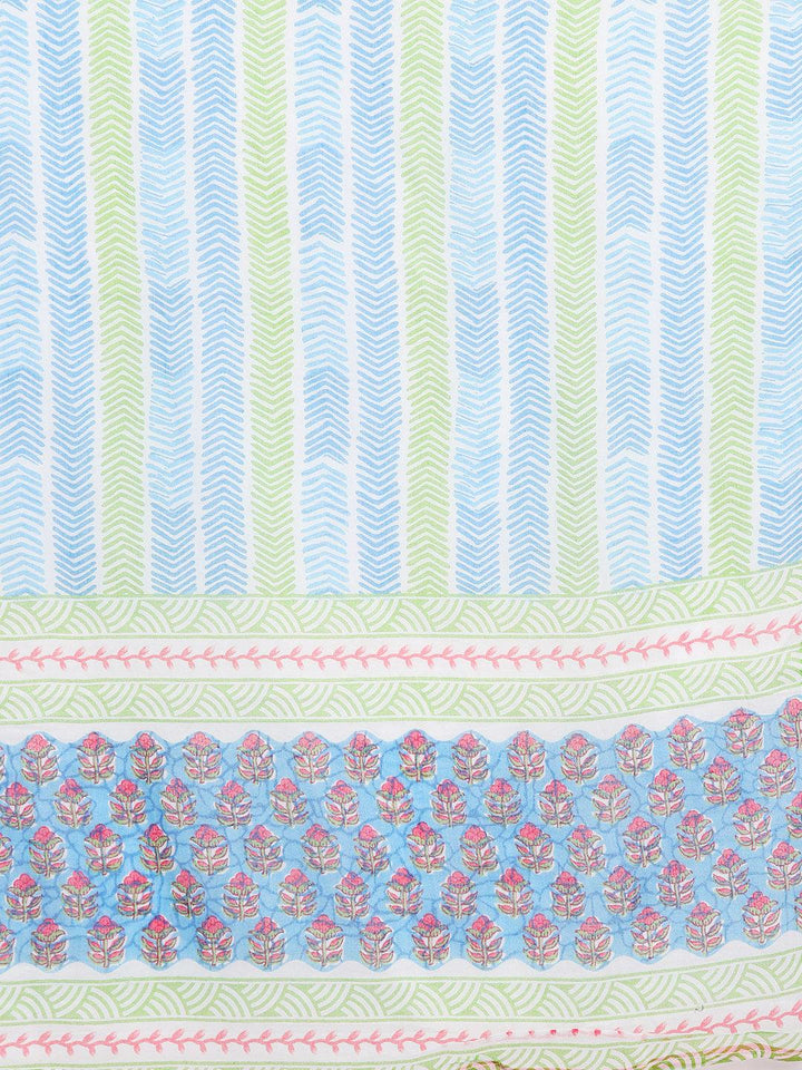 Blue Printed Cotton Straight Kurta With Trousers & Dupatta