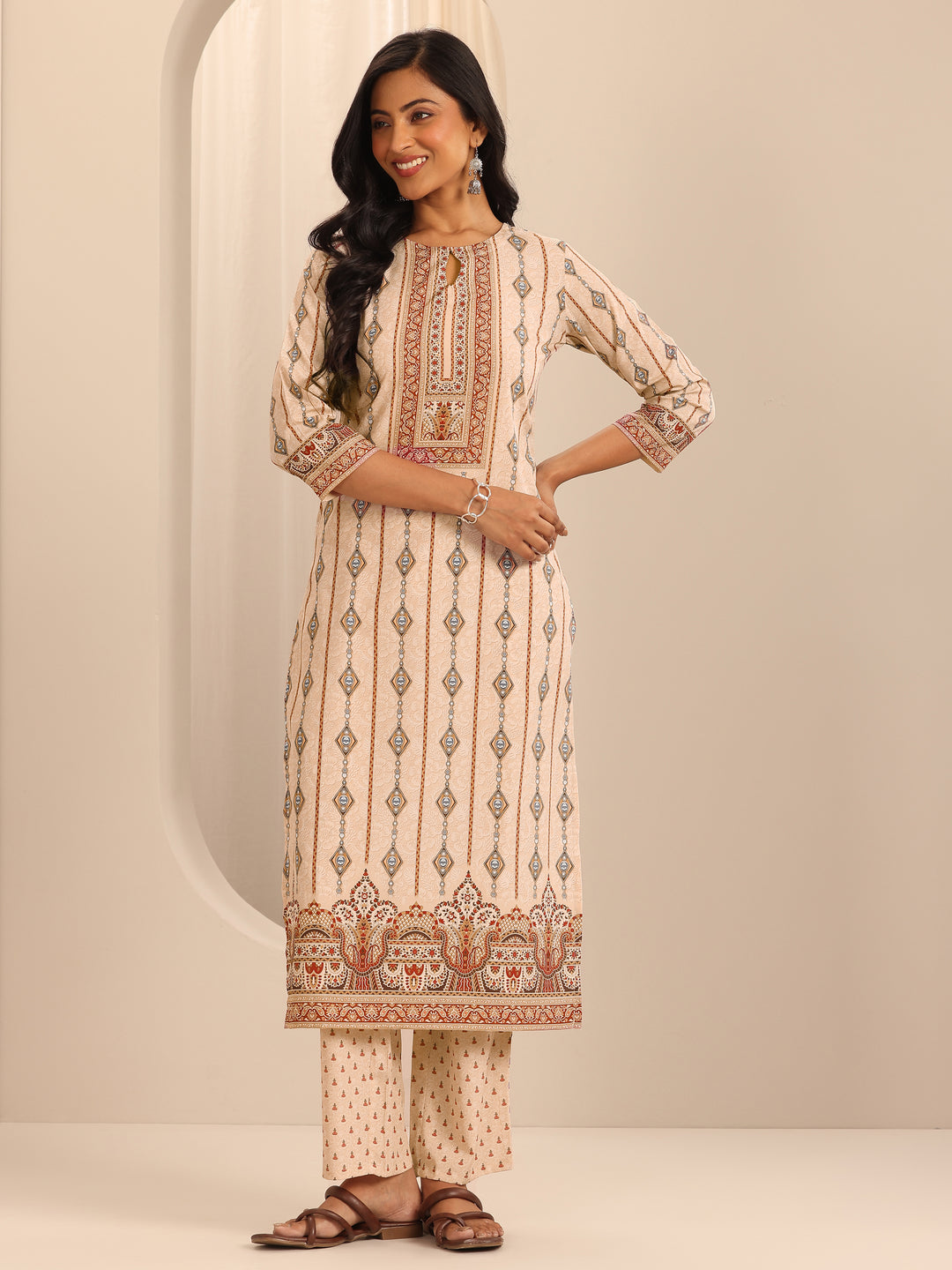 Beige Printed Poly Crepe Straight Kurta Set