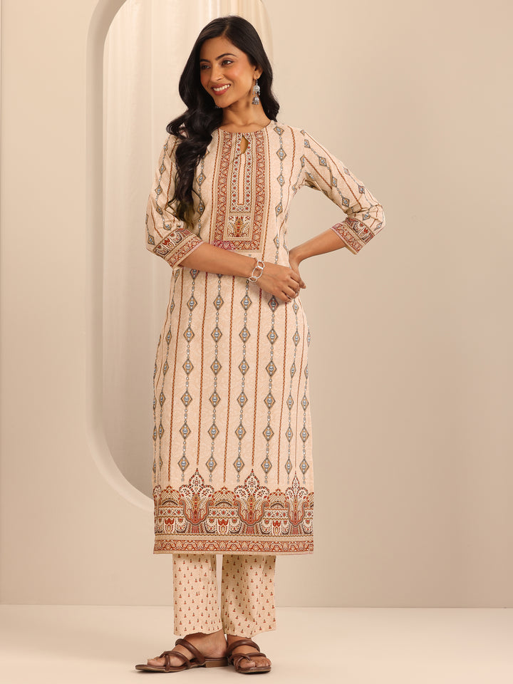 Beige Printed Poly Crepe Straight Kurta Set