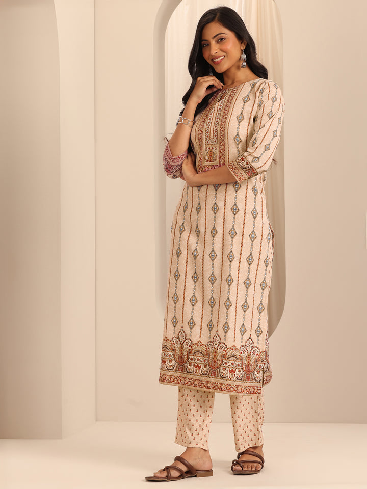 Beige Printed Poly Crepe Straight Kurta Set