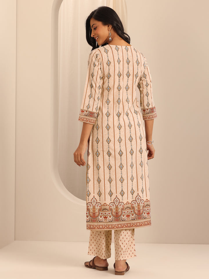 Beige Printed Poly Crepe Straight Kurta Set