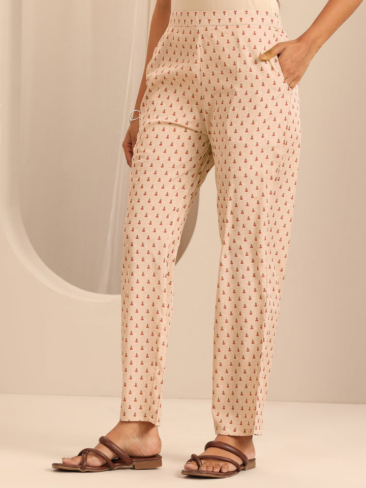 Beige Printed Poly Crepe Straight Kurta Set