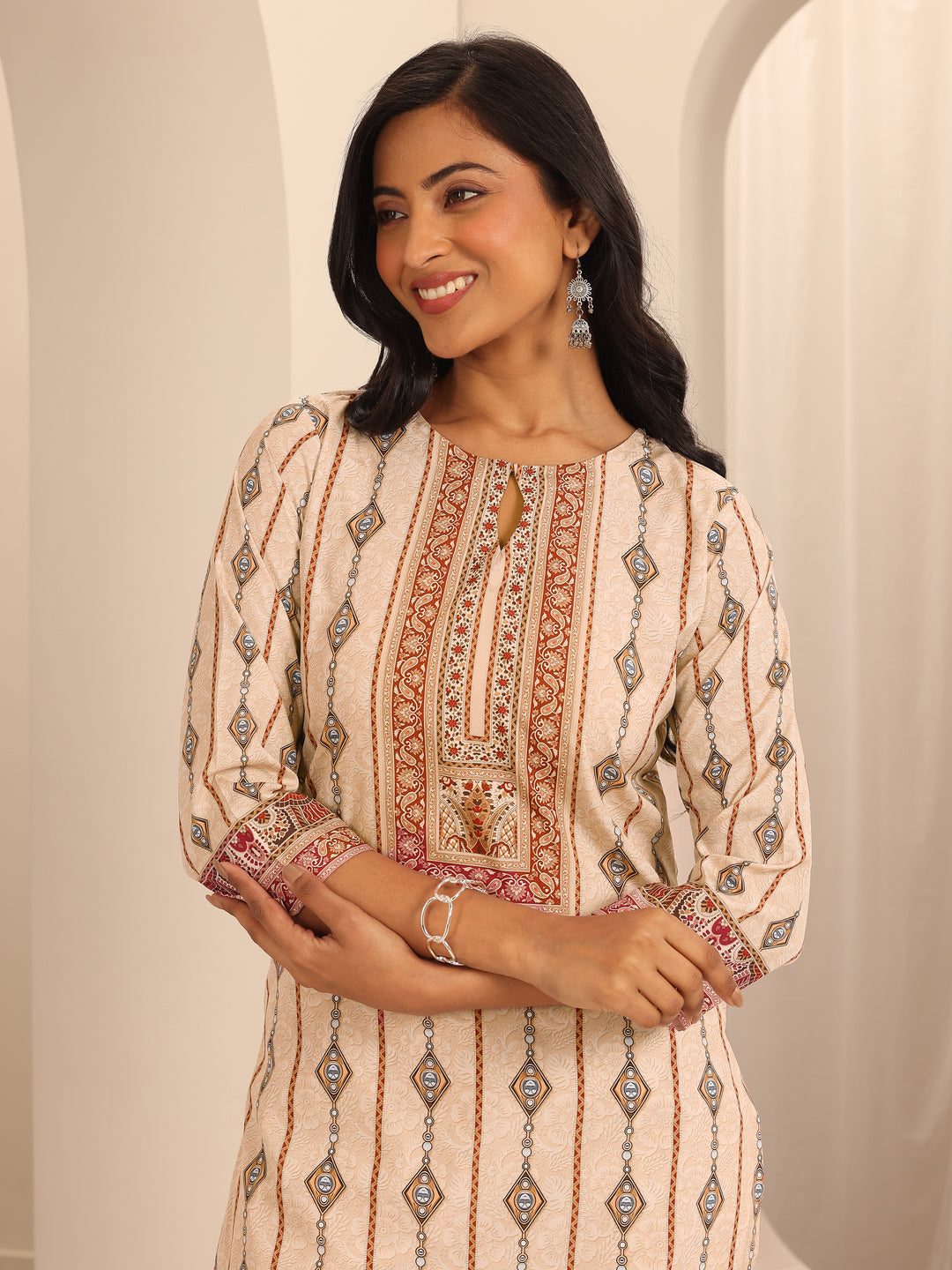 Beige Printed Poly Crepe Straight Kurta Set