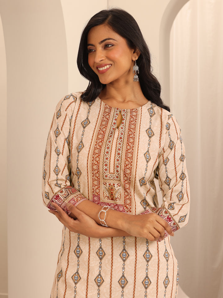 Beige Printed Poly Crepe Straight Kurta Set