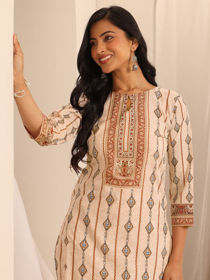 Beige Printed Poly Crepe Straight Kurta Set
