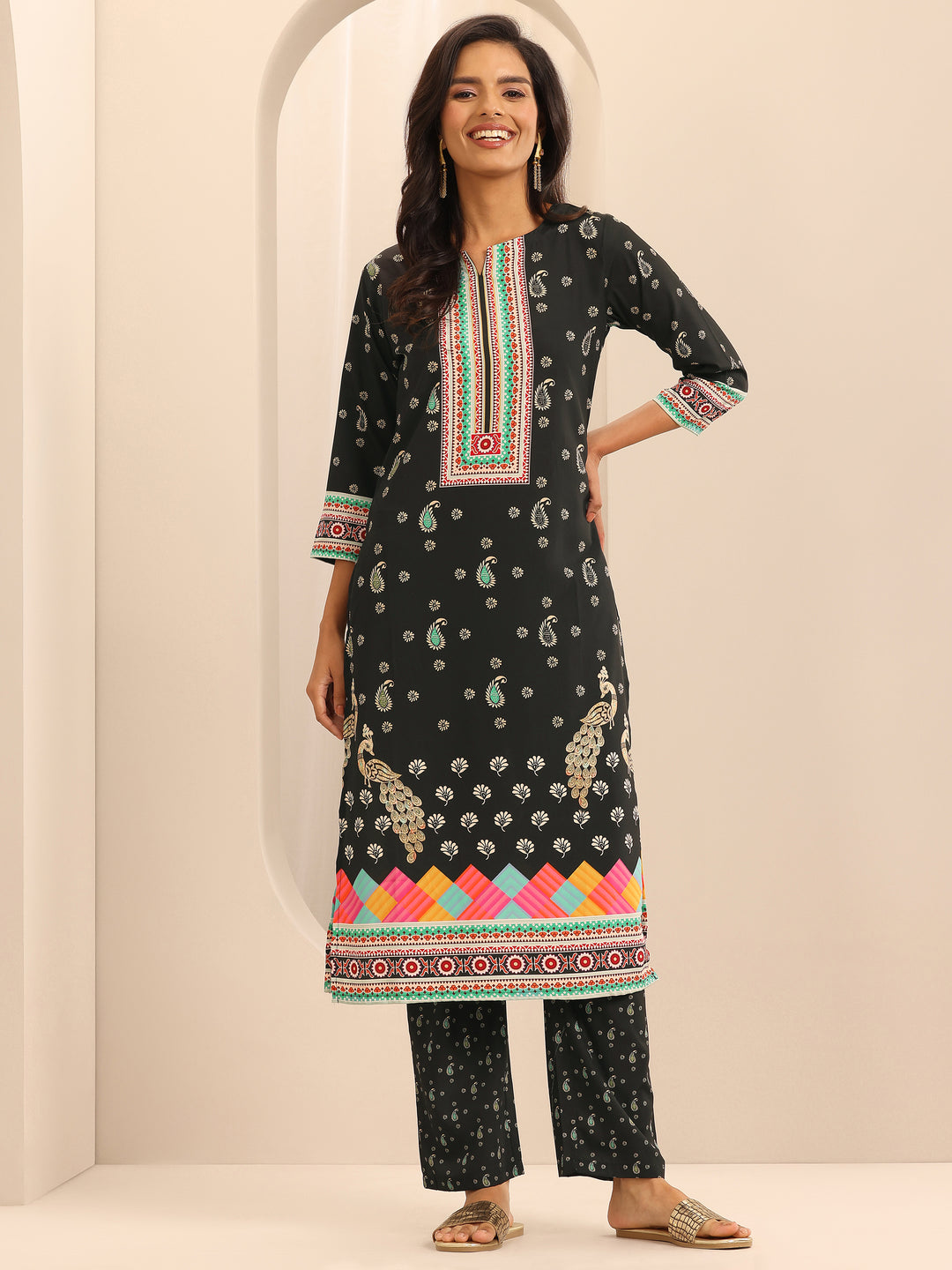 Black Printed Poly Crepe Straight Kurta Set