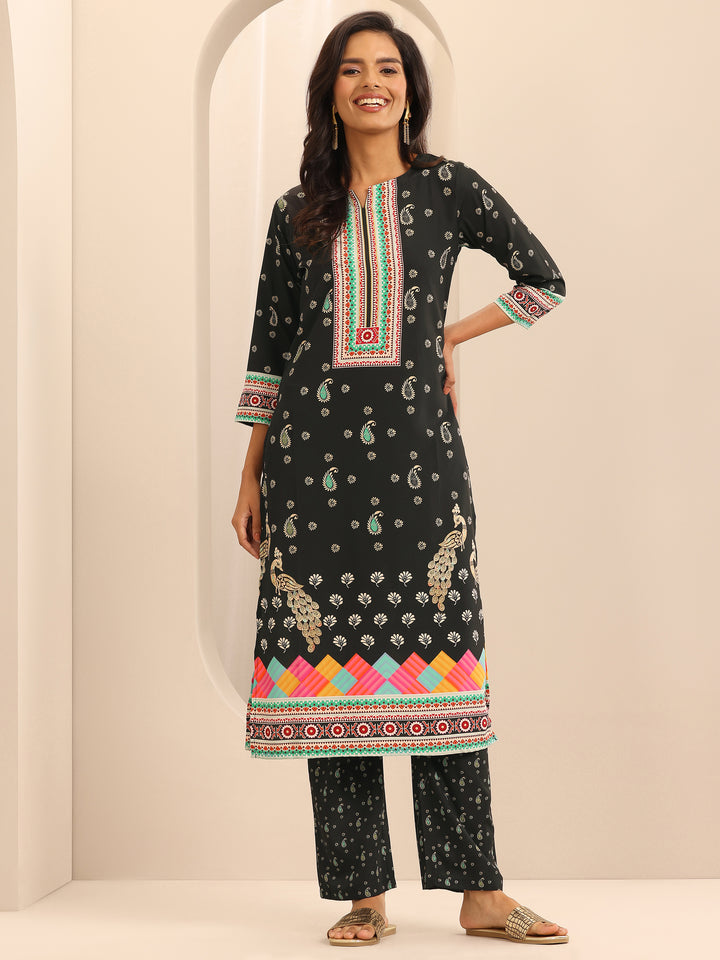 Black Printed Poly Crepe Straight Kurta Set