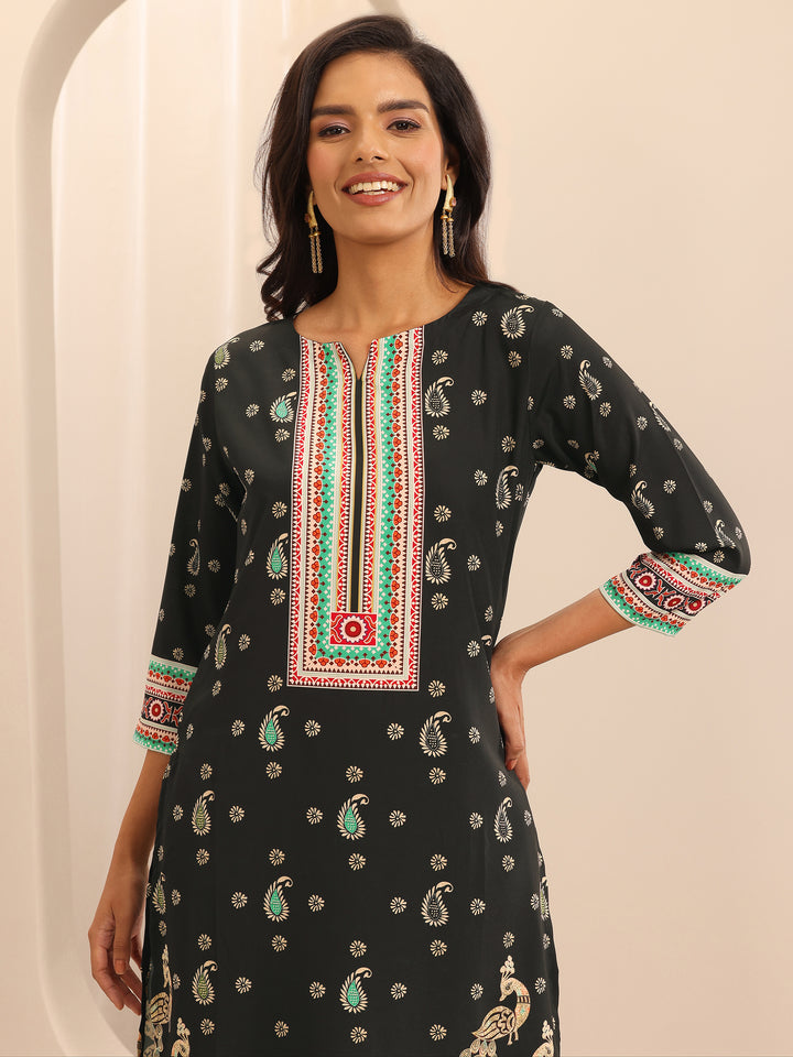 Black Printed Poly Crepe Straight Kurta Set