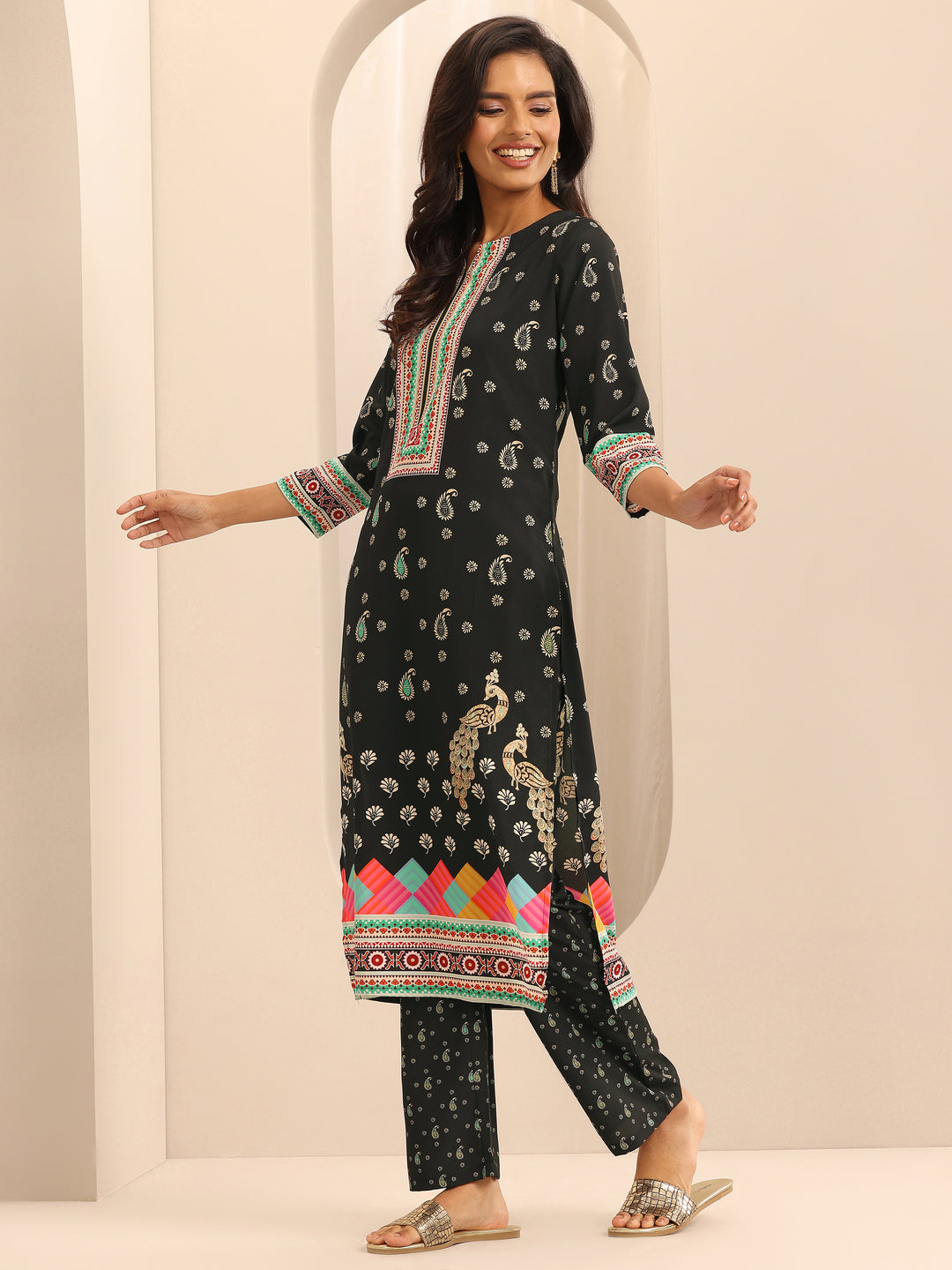 Black Printed Poly Crepe Straight Kurta Set