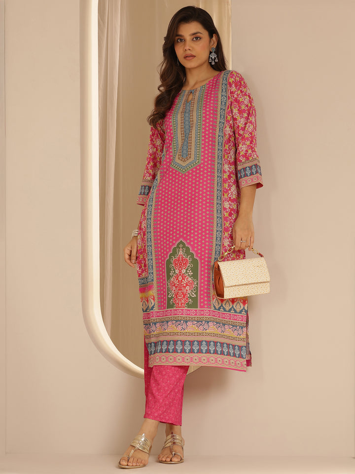 Pink Printed Poly Crepe Straight Kurta Set