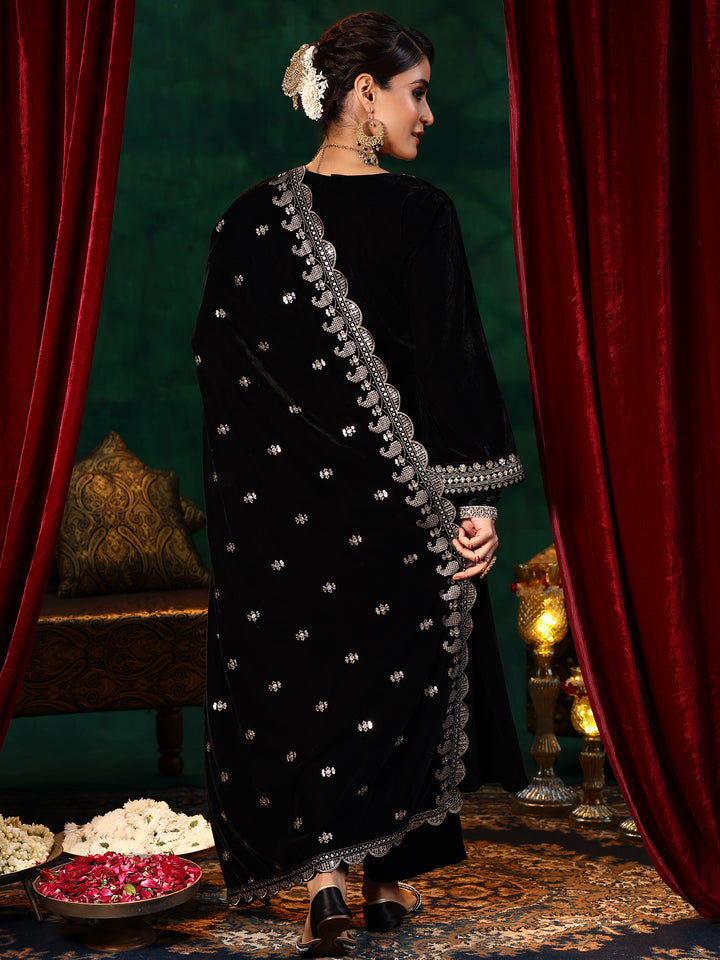 Black Yoke Design Velvet Straight Suit With Dupatta