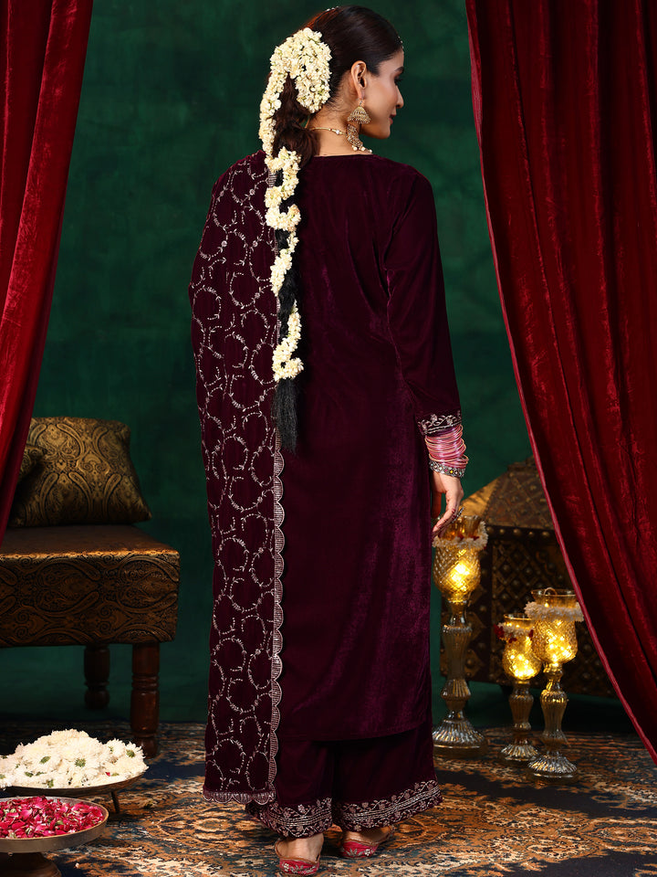 Maroon Yoke Design Velvet Straight Suit With Dupatta
