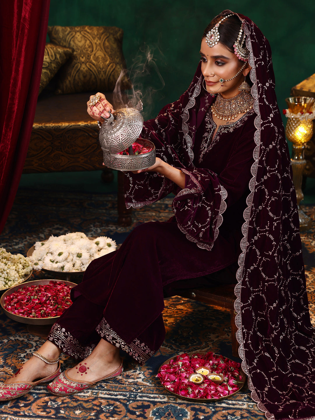 Maroon Yoke Design Velvet Straight Suit With Dupatta