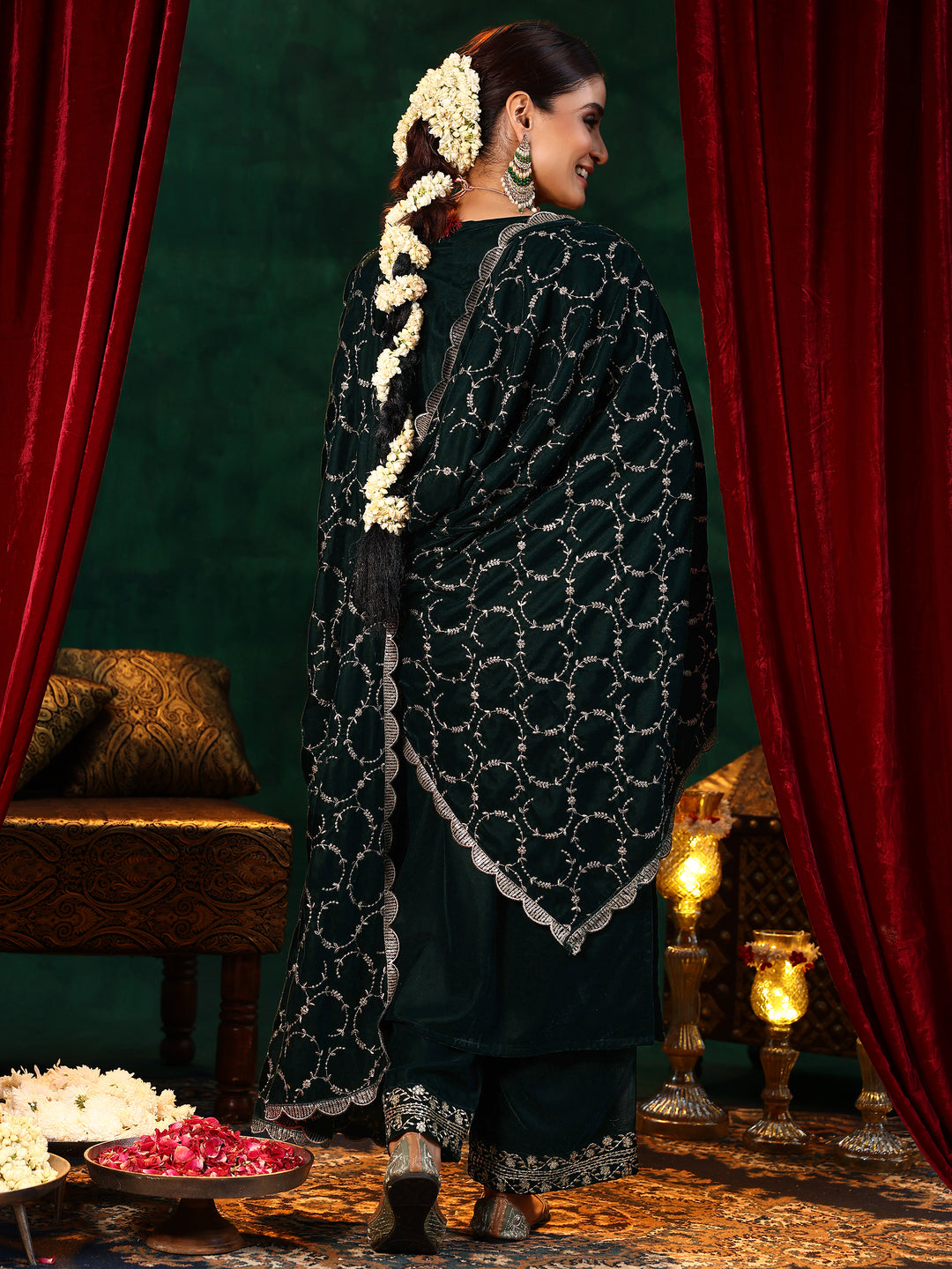 Green Yoke Design Velvet Straight Suit With Dupatta