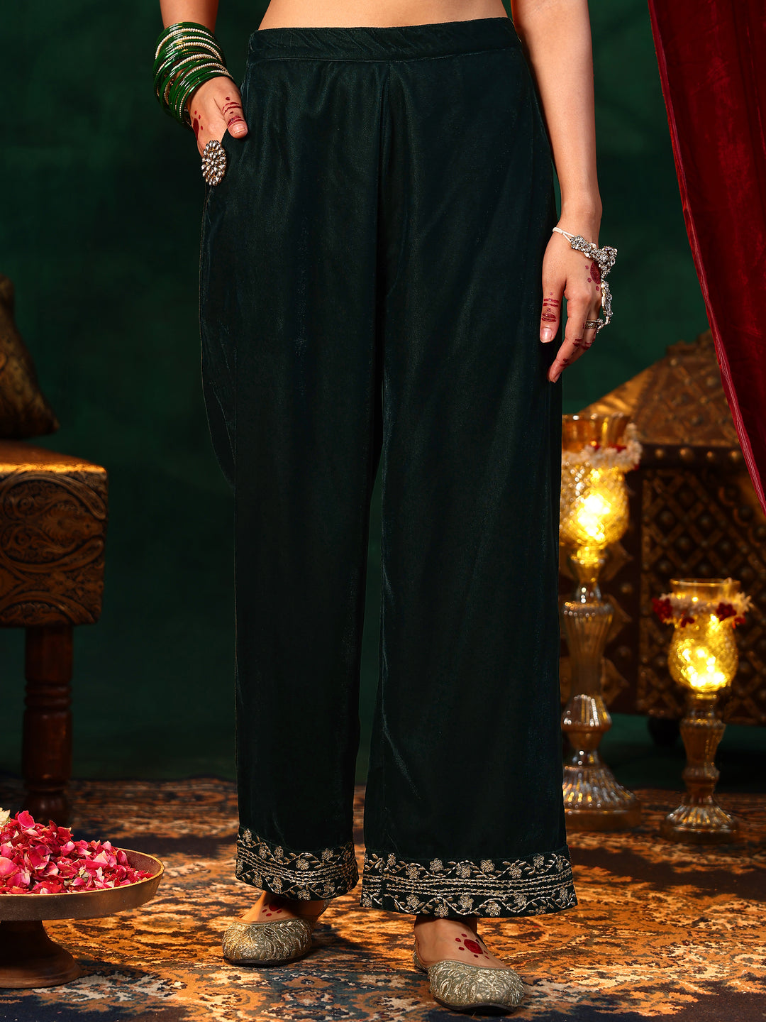 Green Yoke Design Velvet Straight Suit With Dupatta
