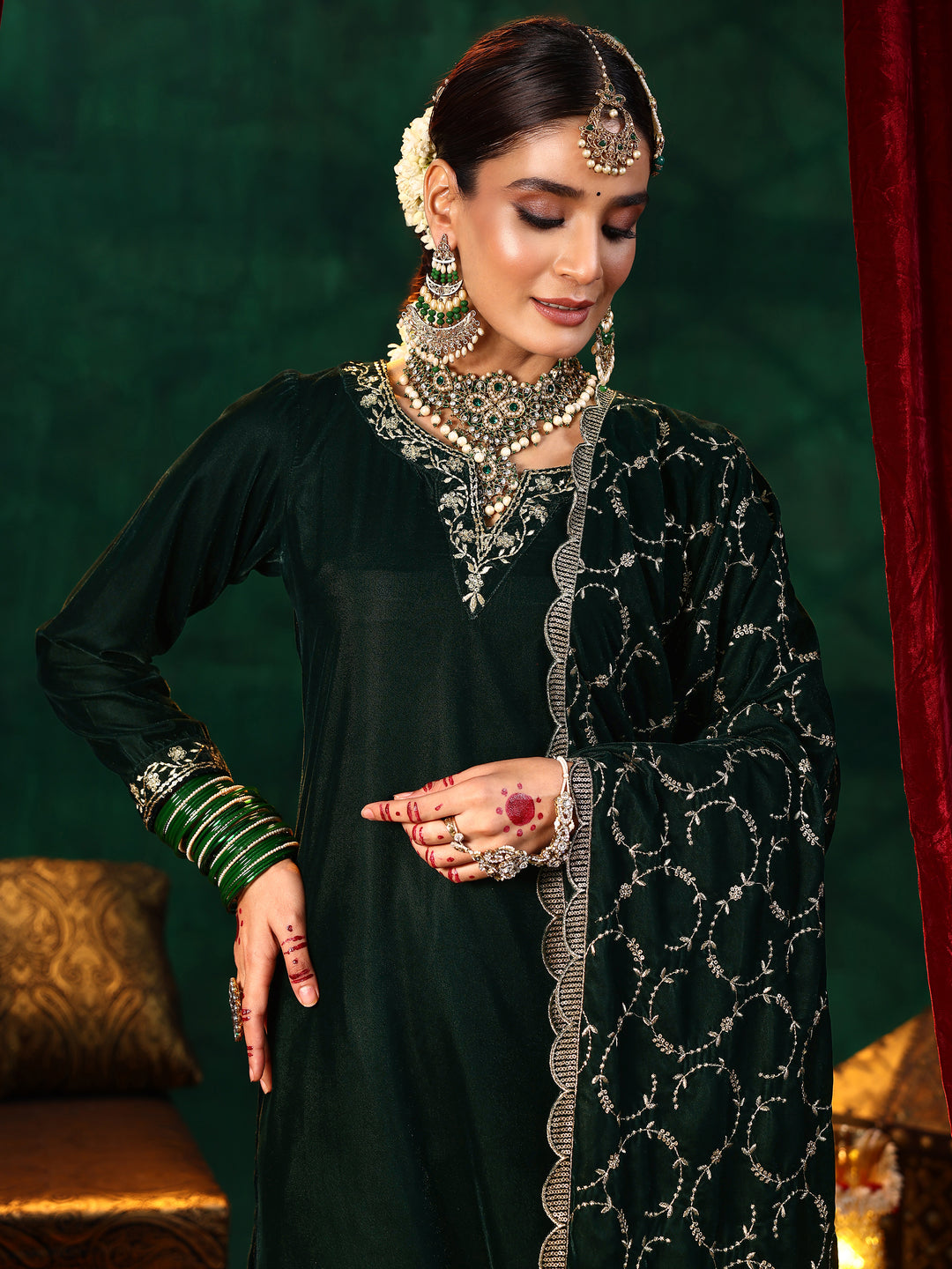 Green Yoke Design Velvet Straight Suit With Dupatta