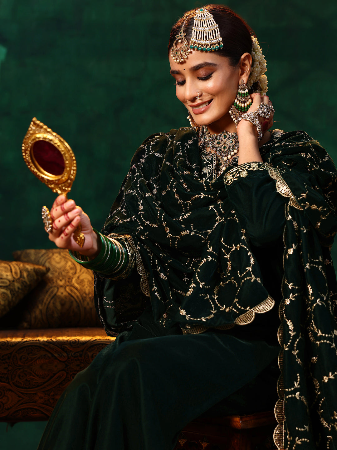 Green Yoke Design Velvet Straight Suit With Dupatta
